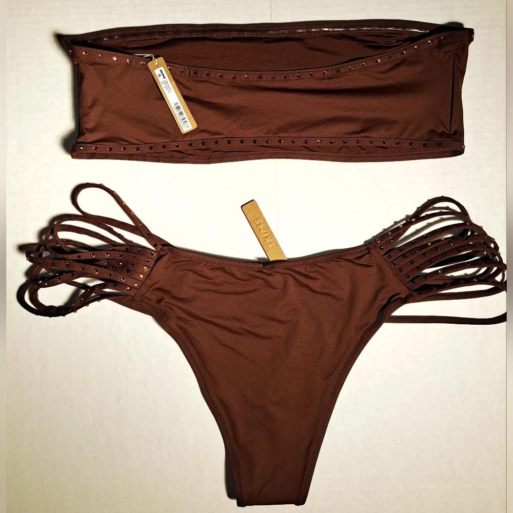 ❤️NWT SKIMS 2 Pc Rhinestone Bandeau Swim Top Strappy Bikini Set Brown COCOA 3X
